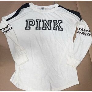 PINK Victoria's Secret White and Black Long Sleeve Tee with Leopard Accents Xs
